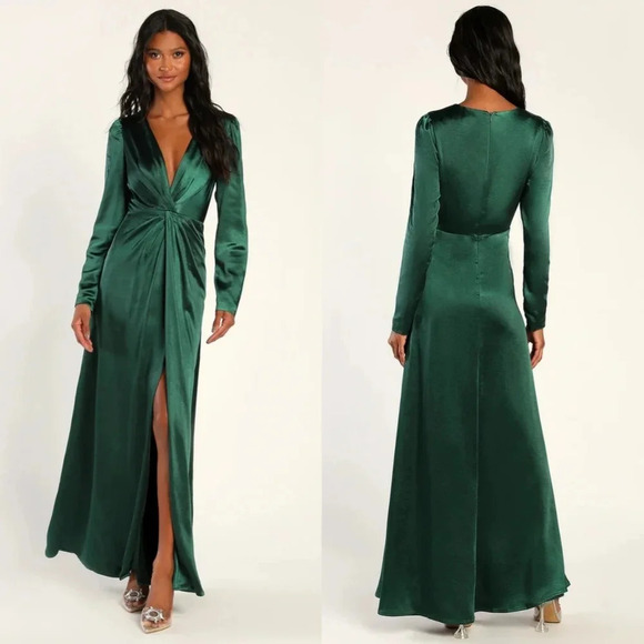 Lulu's Endearing Elegance Emerald Green Satin Long Sleeve Maxi Dress M Wedding - Picture 1 of 11